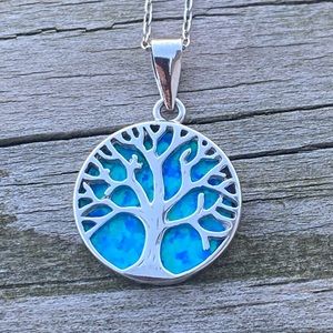 Tree of Life Pendant Necklace .925 Sterling Silver with faux blue opal